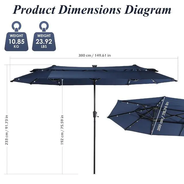Alt view image 4 of 7 - 13-15FT Large Patio Umbrella With Light, Double Layer Market Rectangle Umbrella, Large Deck Umbrella With Crank And Base, Sombrillas de patio, For Outdoor Poolside Backyard Pool Garden