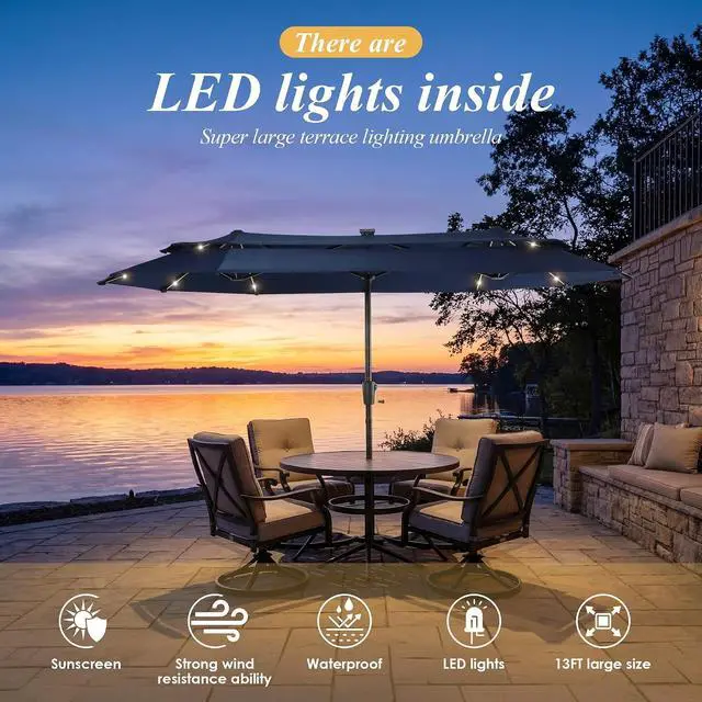 Alt view image 2 of 7 - 13-15FT Large Patio Umbrella With Light, Double Layer Market Rectangle Umbrella, Large Deck Umbrella With Crank And Base, Sombrillas de patio, For Outdoor Poolside Backyard Pool Garden
