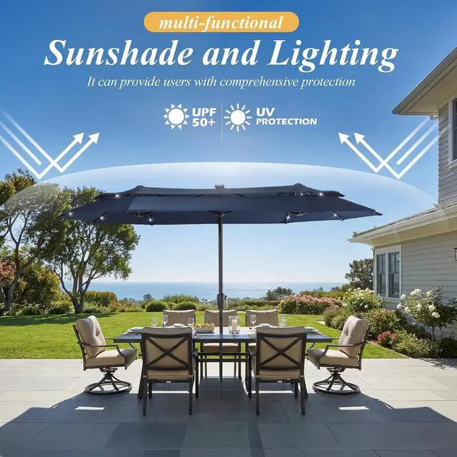 Alt view image 5 of 7 - 13-15FT Large Patio Umbrella With Light, Double Layer Market Rectangle Umbrella, Large Deck Umbrella With Crank And Base, Sombrillas de patio, For Outdoor Poolside Backyard Pool Garden