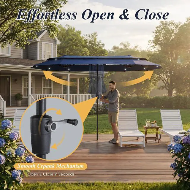 Alt view image 6 of 7 - 13-15FT Large Patio Umbrella With Light, Double Layer Market Rectangle Umbrella, Large Deck Umbrella With Crank And Base, Sombrillas de patio, For Outdoor Poolside Backyard Pool Garden
