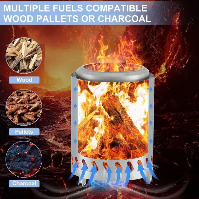 Alt view image 3 of 7 - Fire Pits, 7.1 Inch Smokeless Fire Pits, Portable Fire Pit, Outdoor Fire Pit, Tabletop Fire Pit, Wood Buring Fireplaces, Stainless Steel, with Grill Grate, Removable Ash Tray & Carry Bag