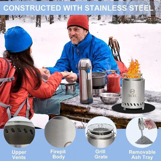 Alt view image 4 of 7 - Fire Pits, 7.1 Inch Smokeless Fire Pits, Portable Fire Pit, Outdoor Fire Pit, Tabletop Fire Pit, Wood Buring Fireplaces, Stainless Steel, with Grill Grate, Removable Ash Tray & Carry Bag