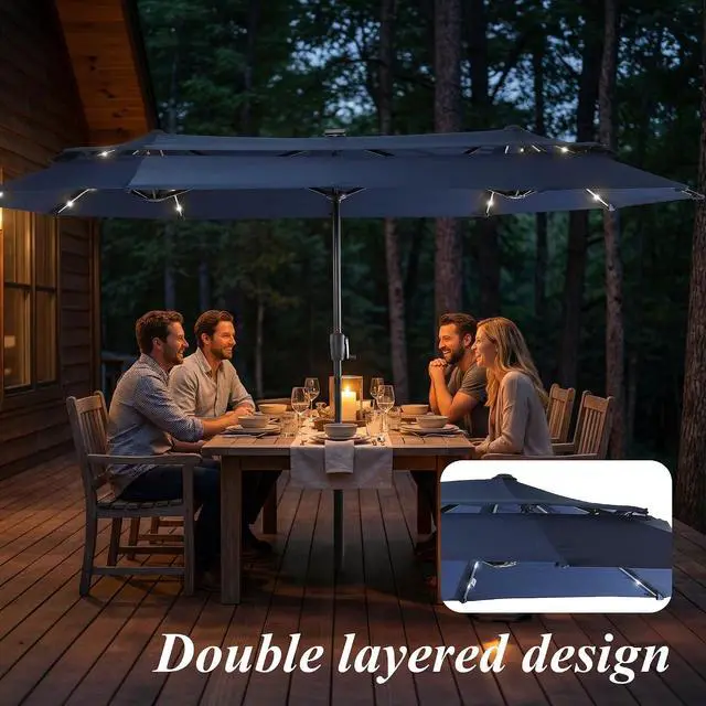 Alt view image 7 of 7 - 13-15FT Large Patio Umbrella With Light, Double Layer Market Rectangle Umbrella, Large Deck Umbrella With Crank And Base, Sombrillas de patio, For Outdoor Poolside Backyard Pool Garden