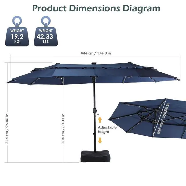 Alt view image 4 of 7 - 13-15FT Large Patio Umbrella With Light, Double Layer Market Rectangle Umbrella, Large Deck Umbrella With Crank And Base, Sombrillas de patio, For Outdoor Poolside Backyard Pool Garden