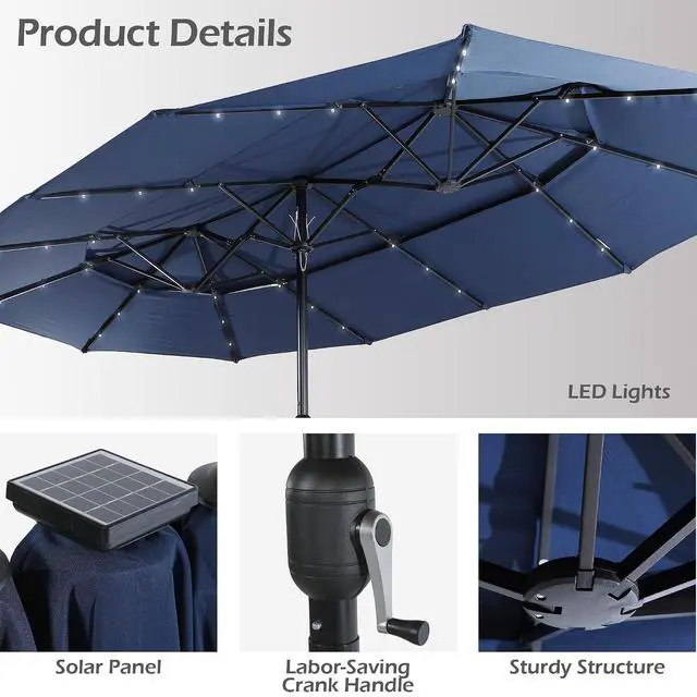 Alt view image 3 of 7 - 13-15FT Large Patio Umbrella With Light, Double Layer Market Rectangle Umbrella, Large Deck Umbrella With Crank And Base, Sombrillas de patio, For Outdoor Poolside Backyard Pool Garden