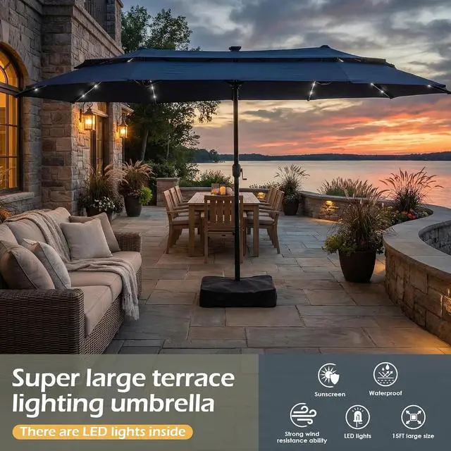 Alt view image 2 of 7 - 13-15FT Large Patio Umbrella With Light, Double Layer Market Rectangle Umbrella, Large Deck Umbrella With Crank And Base, Sombrillas de patio, For Outdoor Poolside Backyard Pool Garden