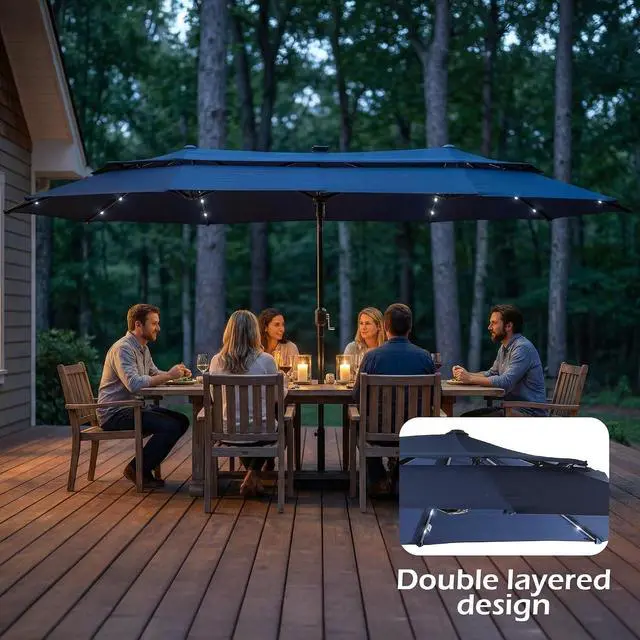 Alt view image 7 of 7 - 13-15FT Large Patio Umbrella With Light, Double Layer Market Rectangle Umbrella, Large Deck Umbrella With Crank And Base, Sombrillas de patio, For Outdoor Poolside Backyard Pool Garden