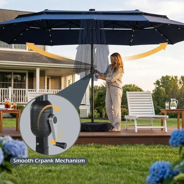 Alt view image 6 of 7 - 13-15FT Large Patio Umbrella With Light, Double Layer Market Rectangle Umbrella, Large Deck Umbrella With Crank And Base, Sombrillas de patio, For Outdoor Poolside Backyard Pool Garden