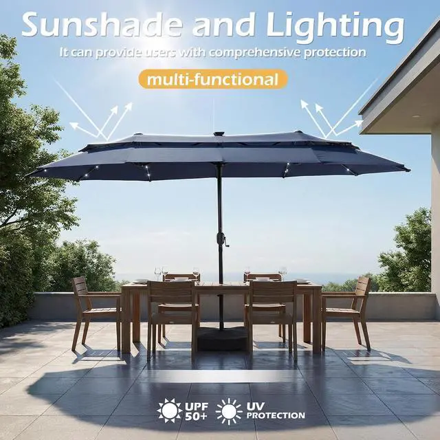 Alt view image 5 of 7 - 13-15FT Large Patio Umbrella With Light, Double Layer Market Rectangle Umbrella, Large Deck Umbrella With Crank And Base, Sombrillas de patio, For Outdoor Poolside Backyard Pool Garden