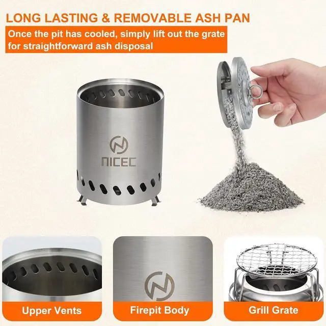 Alt view image 5 of 7 - Fire Pits, 5.5 Inch Smokeless Fire Pits, Portable Fire Pit, Outdoor Fire Pit, Tabletop Fire Pit, Wood Buring Fireplaces, Stainless Steel, with Grill Grate, Removable Ash Tray & Carry Bag