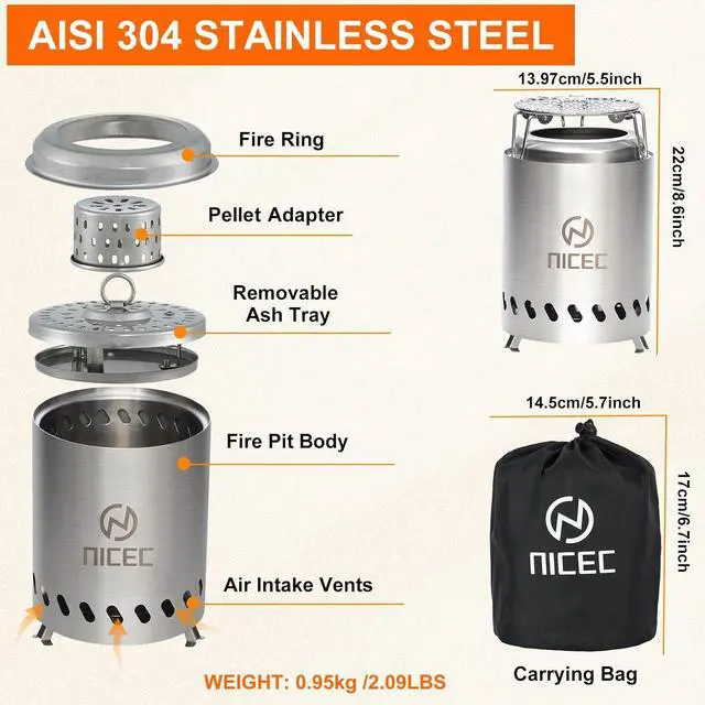 Alt view image 6 of 7 - Fire Pits, 5.5 Inch Smokeless Fire Pits, Portable Fire Pit, Outdoor Fire Pit, Tabletop Fire Pit, Wood Buring Fireplaces, Stainless Steel, with Grill Grate, Removable Ash Tray & Carry Bag