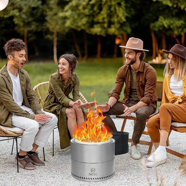 Alt view image 3 of 7 - Fire Pits, 19.1 Inch Smokeless Fire Pits, Portable Fire Pit, Outdoor Fire Pit, Tabletop Fire Pit, Wood Buring Fireplaces, Stainless Steel, with Grill Grate, Removable Ash Tray & Carry Bag