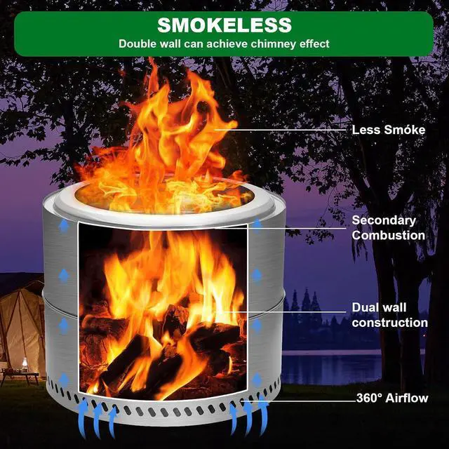 Alt view image 2 of 7 - Fire Pits, 19.1 Inch Smokeless Fire Pits, Portable Fire Pit, Outdoor Fire Pit, Tabletop Fire Pit, Wood Buring Fireplaces, Stainless Steel, with Grill Grate, Removable Ash Tray & Carry Bag