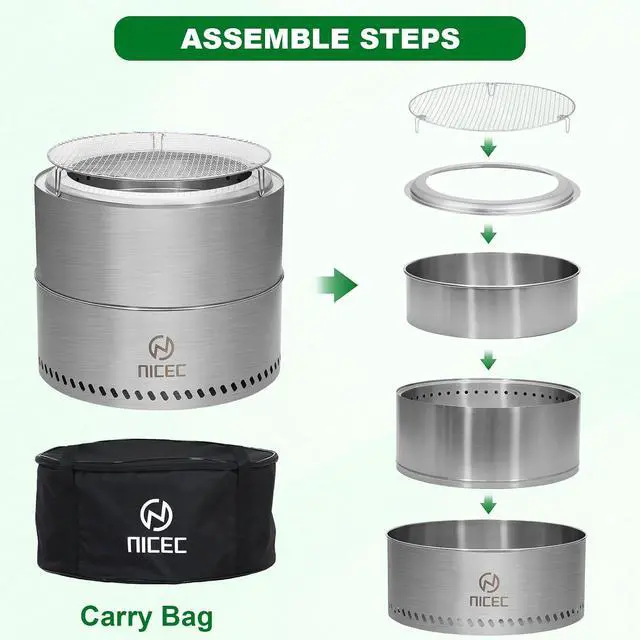 Alt view image 4 of 7 - Fire Pits, 19.1 Inch Smokeless Fire Pits, Portable Fire Pit, Outdoor Fire Pit, Tabletop Fire Pit, Wood Buring Fireplaces, Stainless Steel, with Grill Grate, Removable Ash Tray & Carry Bag