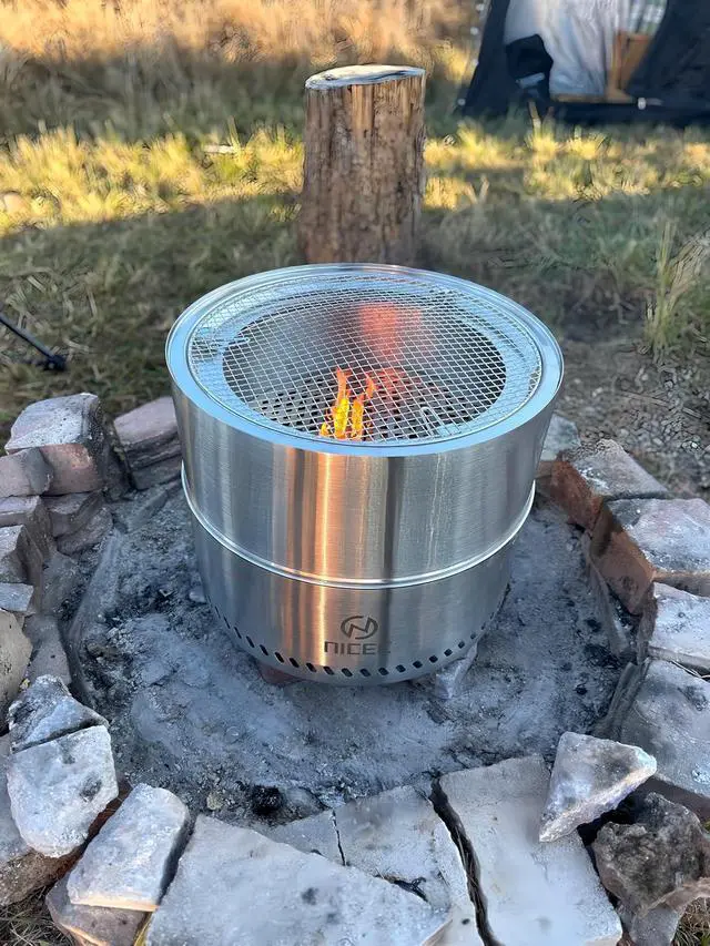 Alt view image 5 of 7 - Fire Pits, 19.1 Inch Smokeless Fire Pits, Portable Fire Pit, Outdoor Fire Pit, Tabletop Fire Pit, Wood Buring Fireplaces, Stainless Steel, with Grill Grate, Removable Ash Tray & Carry Bag