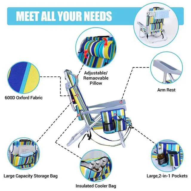 Alt view image 4 of 7 - 2 Pack Backpack Beach Chair with Umbrella + 2 Pack Low Beach Chair