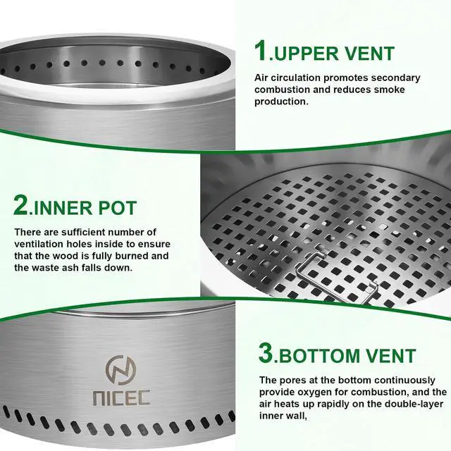 Alt view image 7 of 7 - Fire Pits, 19.1 Inch Smokeless Fire Pits, Portable Fire Pit, Outdoor Fire Pit, Tabletop Fire Pit, Wood Buring Fireplaces, Stainless Steel, with Grill Grate, Removable Ash Tray & Carry Bag