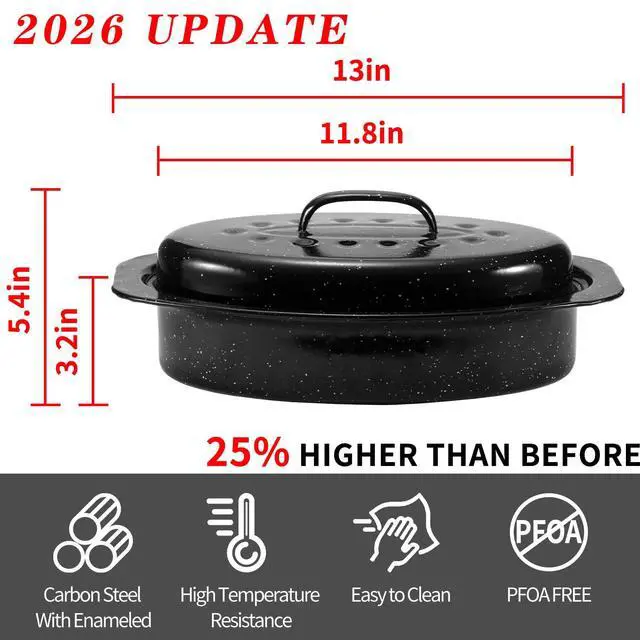 Alt view image 2 of 6 - 13 Granite Roasting Pan,Enameled Oval Roasting Pan with Domed Lid, Oval Turkey Roaster Pot, Broiler Pan Great - For Roasted Turkey, Chicken, Lamb, Vegetables 2026 Update