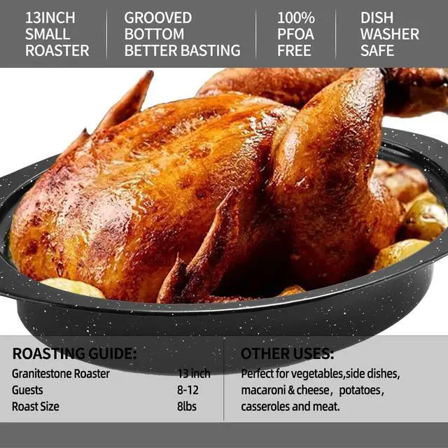 Alt view image 5 of 6 - 13 Granite Roasting Pan,Enameled Oval Roasting Pan with Domed Lid, Oval Turkey Roaster Pot, Broiler Pan Great - For Roasted Turkey, Chicken, Lamb, Vegetables 2026 Update