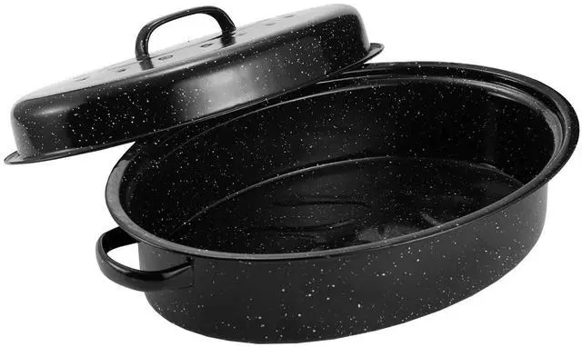 Main image of Granite Roasting Pan, Medium 15.7 Enameled Roasting Pan with Domed Lid. Oval Turkey Roaster Pot, Broiler Pan Great for Small Turkey, Chicken, Ham, Dishwasher Safe Fit for Roast Bird by