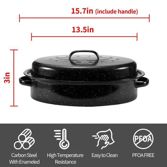 Alt view image 2 of 6 - Granite Roasting Pan, Medium 15.7 Enameled Roasting Pan with Domed Lid. Oval Turkey Roaster Pot, Broiler Pan Great for Small Turkey, Chicken, Ham, Dishwasher Safe Fit for Roast Bird by