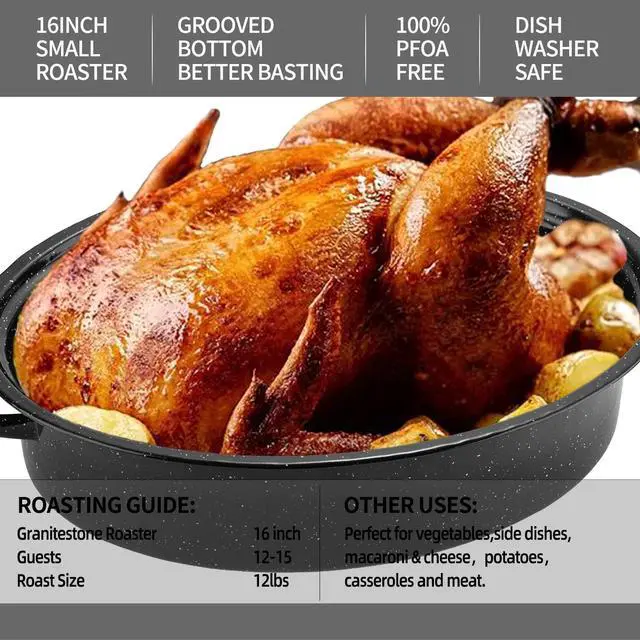 Alt view image 5 of 6 - Granite Roasting Pan, Medium 15.7 Enameled Roasting Pan with Domed Lid. Oval Turkey Roaster Pot, Broiler Pan Great for Small Turkey, Chicken, Ham, Dishwasher Safe Fit for Roast Bird by