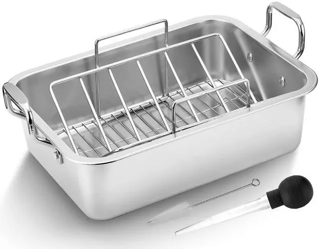 Main image of 15 Inch Stainless Steel Roasting Pan with Cooling Rack - Turkey, Chicken, Ham Roaster with V-Shaped Baking Rack by