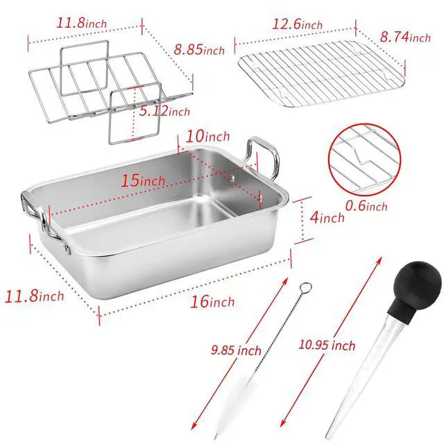 Alt view image 3 of 6 - 15 Inch Stainless Steel Roasting Pan with Cooling Rack - Turkey, Chicken, Ham Roaster with V-Shaped Baking Rack by