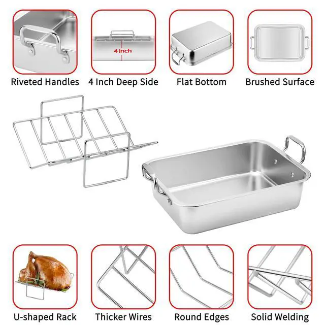 Alt view image 4 of 6 - 15 Inch Stainless Steel Roasting Pan with Cooling Rack - Turkey, Chicken, Ham Roaster with V-Shaped Baking Rack by