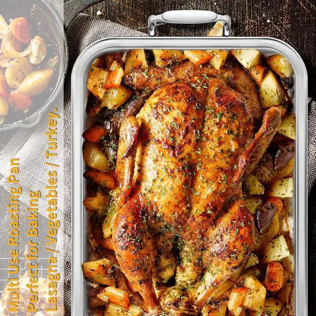 Alt view image 5 of 6 - 15 Inch Stainless Steel Roasting Pan with Cooling Rack - Turkey, Chicken, Ham Roaster with V-Shaped Baking Rack by