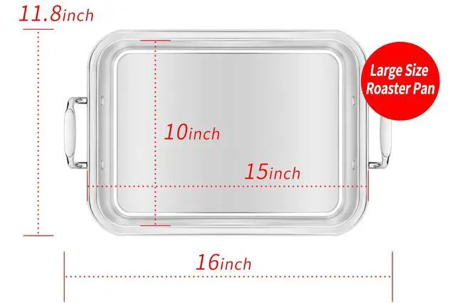 Alt view image 6 of 6 - 15 Inch Stainless Steel Roasting Pan with Cooling Rack - Turkey, Chicken, Ham Roaster with V-Shaped Baking Rack by