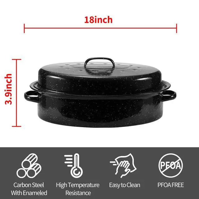 Alt view image 2 of 6 - Granite Roasting Pan, 18 Enameled Roasting Pan with Domed Lid. Oval Turkey Roaster Pot, Broiler Pan Great for Turkey, Chicken, Lamb, Vegetable. Dishwasher Safe Cookware Fit for 18Lb Turkey by Kendane