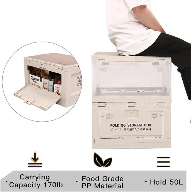 Alt view image 3 of 7 - Storage Bin Tote 55 Qt, Organization and Storage, Closet organizer, Collapsible Storage Box, Organizing Containers Plastic with Wood Lid and 2 Side Doors, Stackable Organizer (Set of 2)
