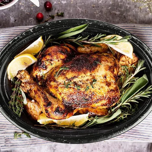 Alt view image 6 of 6 - Granite Roaster Pan, 19 Enameled Roasting Pan with Domed Lid. Oval Turkey Roaster Pot, Broiler Pan Great for Turkey, Chicken, Lamb, Vegetable. Dishwasher Safe Cookware Fit for 20Lb Turkey by