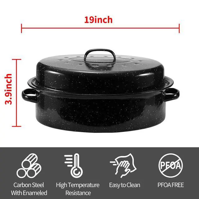 Alt view image 2 of 6 - Granite Roaster Pan, 19 Enameled Roasting Pan with Domed Lid. Oval Turkey Roaster Pot, Broiler Pan Great for Turkey, Chicken, Lamb, Vegetable. Dishwasher Safe Cookware Fit for 20Lb Turkey by