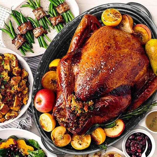 Alt view image 5 of 6 - Granite Roaster Pan, 19 Enameled Roasting Pan with Domed Lid. Oval Turkey Roaster Pot, Broiler Pan Great for Turkey, Chicken, Lamb, Vegetable. Dishwasher Safe Cookware Fit for 20Lb Turkey by