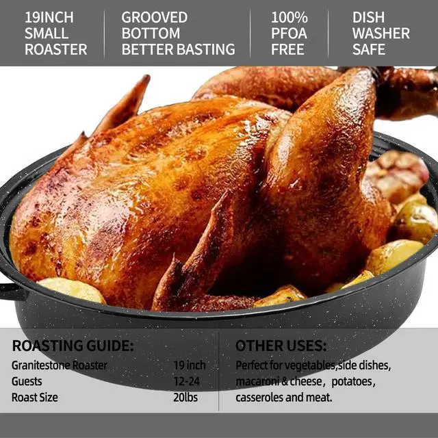 Alt view image 3 of 6 - Granite Roaster Pan, 19 Enameled Roasting Pan with Domed Lid. Oval Turkey Roaster Pot, Broiler Pan Great for Turkey, Chicken, Lamb, Vegetable. Dishwasher Safe Cookware Fit for 20Lb Turkey by