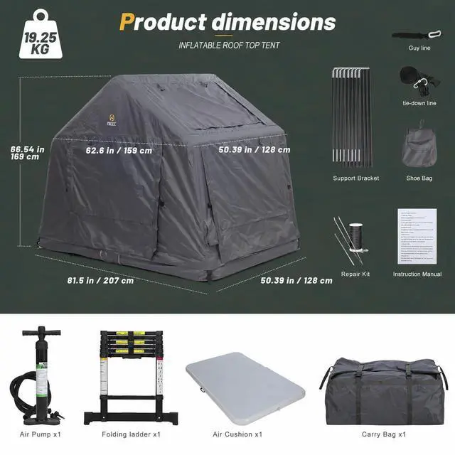 Alt view image 2 of 7 - Inflatable Rooftop Tent with Air Mattress & Ladder, SUV Truck Car Tent for Camping, Easy Setup Pop-Up Camping Car Roof Tents with Pump, Waterproof Windproof Overland Tents (Black&Grey)