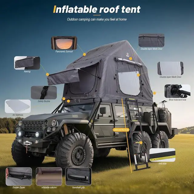 Alt view image 4 of 7 - Inflatable Rooftop Tent with Air Mattress & Ladder, SUV Truck Car Tent for Camping, Easy Setup Pop-Up Camping Car Roof Tents with Pump, Waterproof Windproof Overland Tents (Black&Grey)