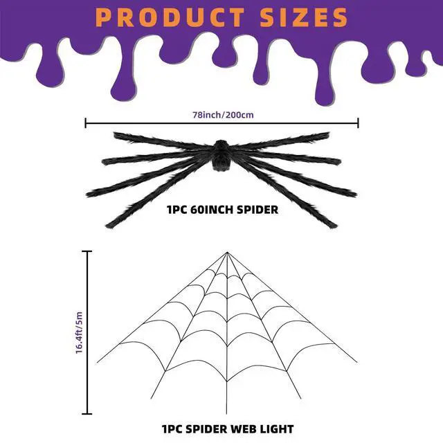 Alt view image 2 of 6 - Halloween Decorations Outdoor and Indoor,200" Halloween Spider Web with 59" Giant Spider,Scary Party Decorations for Yard,House Decor.