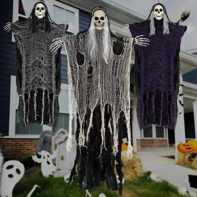 Main image of Halloween Decorations Outdoor and Indoor,3PCS Scary Hanging Ghosts,Halloween Grim Reaper Skeleton,Scary Party Decorations for Yard,Haunted House Decor