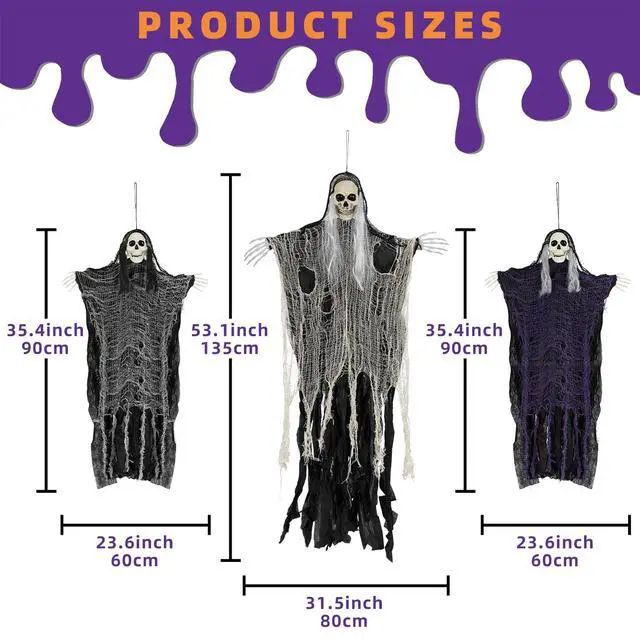 Alt view image 2 of 7 - Halloween Decorations Outdoor and Indoor,3PCS Scary Hanging Ghosts,Halloween Grim Reaper Skeleton,Scary Party Decorations for Yard,Haunted House Decor