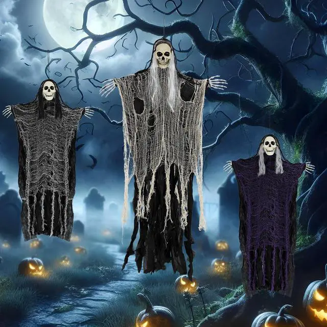 Alt view image 6 of 7 - Halloween Decorations Outdoor and Indoor,3PCS Scary Hanging Ghosts,Halloween Grim Reaper Skeleton,Scary Party Decorations for Yard,Haunted House Decor