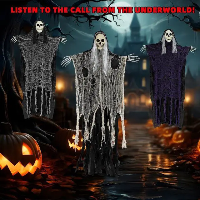Alt view image 7 of 7 - Halloween Decorations Outdoor and Indoor,3PCS Scary Hanging Ghosts,Halloween Grim Reaper Skeleton,Scary Party Decorations for Yard,Haunted House Decor