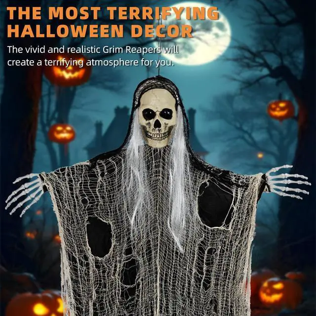 Alt view image 5 of 7 - Halloween Decorations Outdoor and Indoor,3PCS Scary Hanging Ghosts,Halloween Grim Reaper Skeleton,Scary Party Decorations for Yard,Haunted House Decor