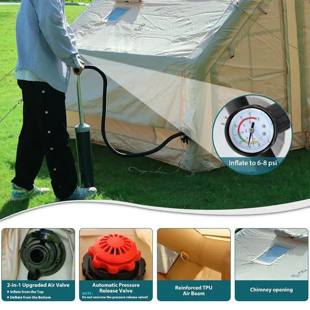 Alt view image 5 of 7 - Inflatable Tent for Camping, Glamping Tent for Adults, Blow Up Tents, with Air Pump, 2-in-1 Air Valve, Chimney Opening, Waterproof, Windproof, Easy Set Up
