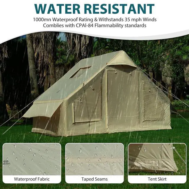 Alt view image 6 of 7 - Inflatable Tent for Camping, Glamping Tent for Adults, Blow Up Tents, with Air Pump, 2-in-1 Air Valve, Chimney Opening, Waterproof, Windproof, Easy Set Up