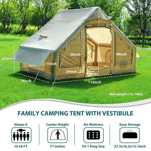 Alt view image 3 of 7 - Inflatable Tent for Camping, Glamping Tent for Adults, Blow Up Tents, with Air Pump, 2-in-1 Air Valve, Chimney Opening, Waterproof, Windproof, Easy Set Up