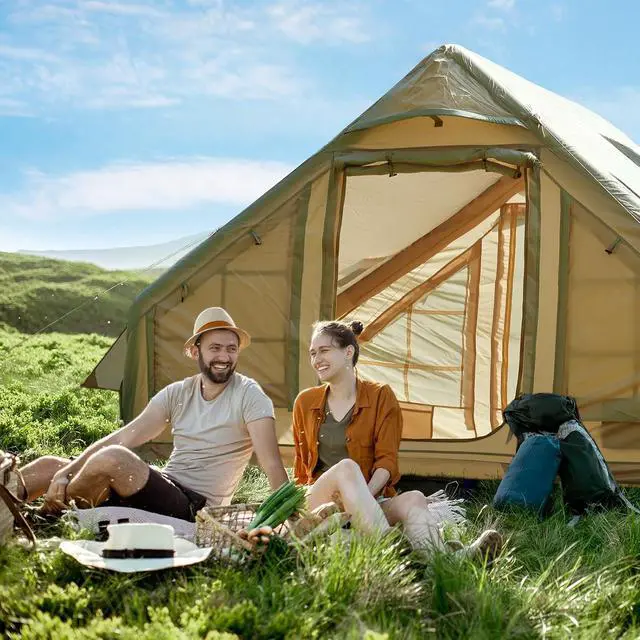Alt view image 2 of 7 - Inflatable Tent for Camping, Glamping Tent for Adults, Blow Up Tents, with Air Pump, 2-in-1 Air Valve, Chimney Opening, Waterproof, Windproof, Easy Set Up