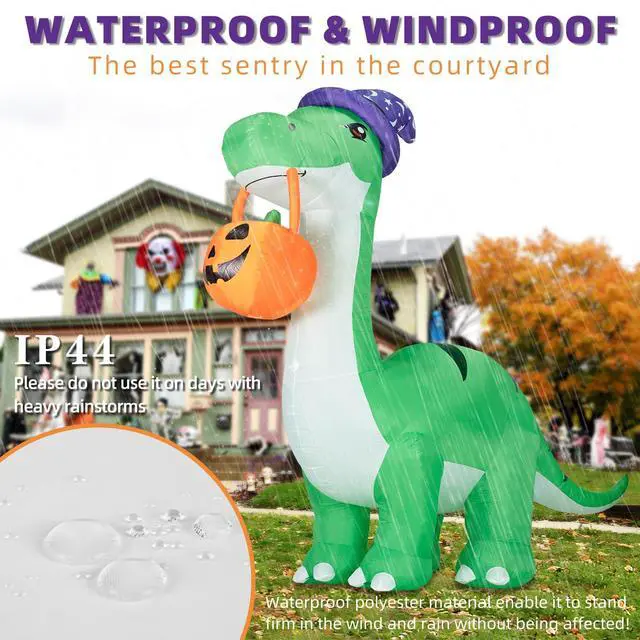 Alt view image 5 of 7 - 10FT Halloween Inflatable Huge Dinosaur Decorations Outdoor, Blow Up Yard Decorations Built-in LED Lights,Halloween Party Decorations with Witch Hat and Pumpkin,for Garden/Lawn.